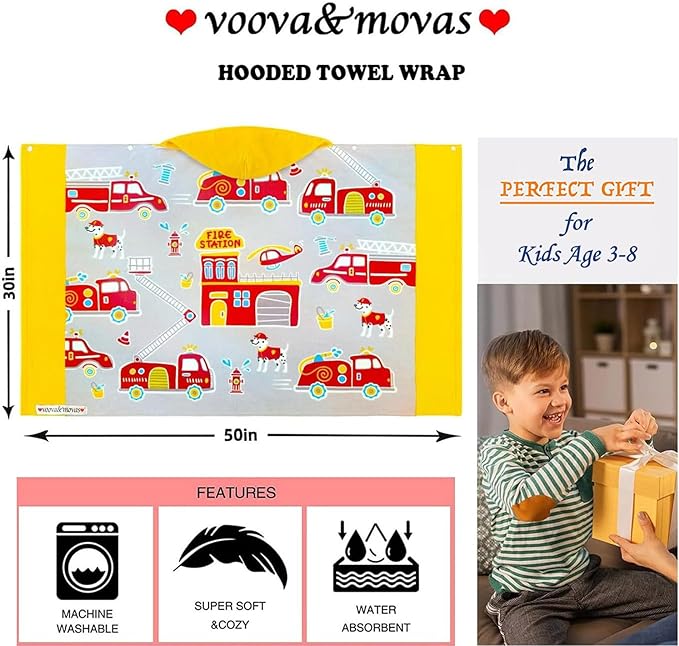VOOVA & MOVAS Kids Bath Towels for Boys, Ages 3-8, 30''X50, | Soft Thick Absorbent Cotton, Beach | Pool | Bath Hooded Towels, Yellow Fire Truck