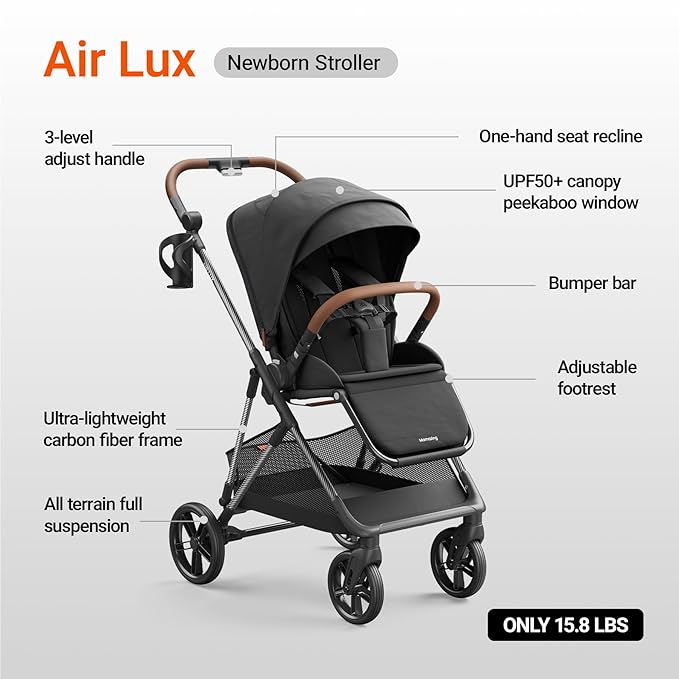 MAMAZING Air Lux Baby Stroller with Bassinet from Newborn to 50 lbs, Strength Carbon Fiber Frame Only 15.8lbs, Bassinet Stroller Included Reversible Seat, Car Seat Adapter & Large Storage Basket