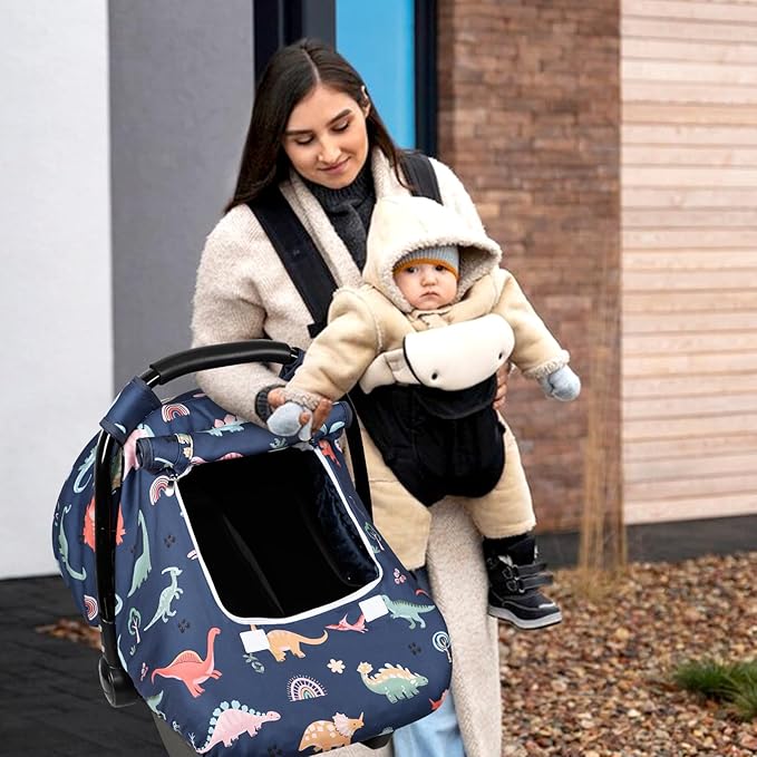 Car Seat Cover Baby, Anti-Kick Carseat Covers Baby Boy, Warm Minky Infant Car Seat Canopy with Breathable Mesh Window, Multi-Use Cover Protecting Baby from Wind, Sun, Strangers, Blue Dinosaur