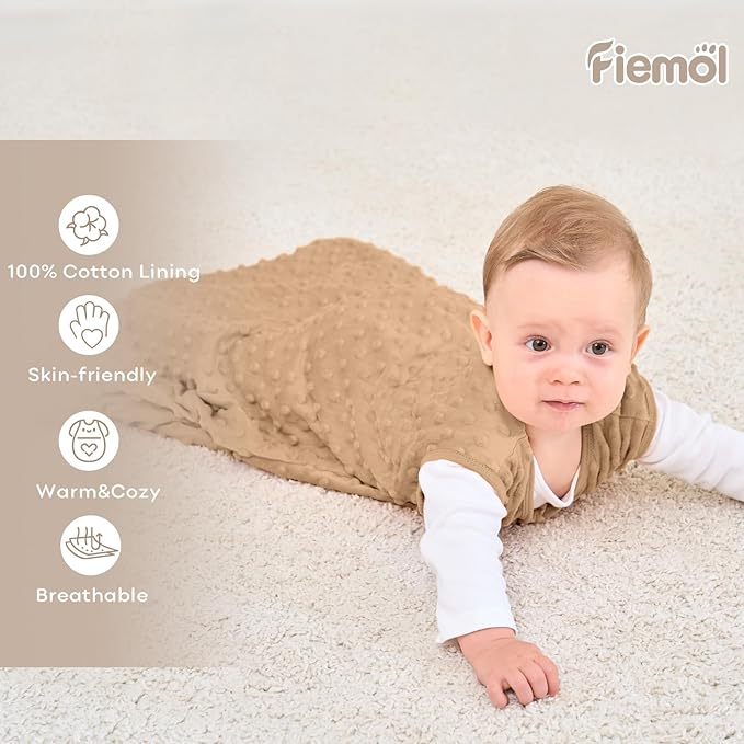 FIEMOL Fleece Baby Sleep Sack 6-12 Months, 1.5 TOG Cotton Baby Wearable Blanket With Soft Plush Dots, 2 Pack Newborn and Infant Warm Sleeping Sack with 2-Way Zipper Brown&Coffee