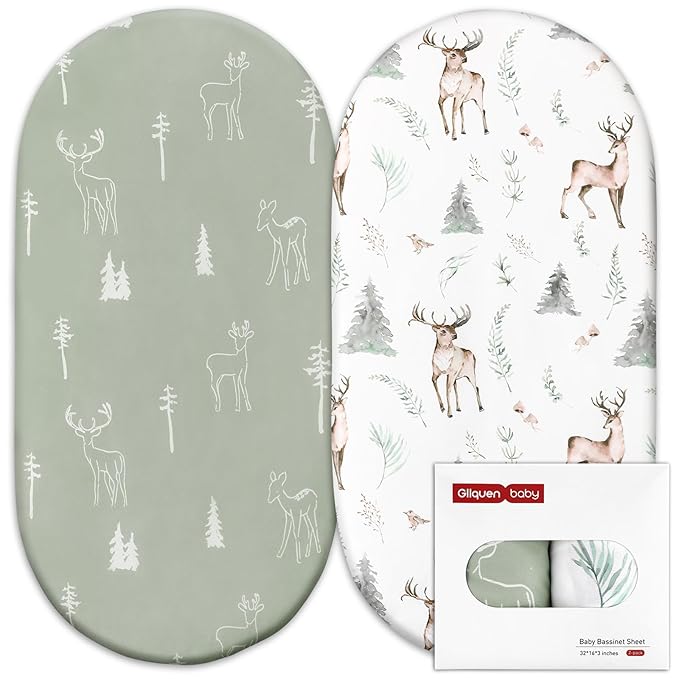 Gllquen Baby Bassinet Sheets Set 2-Pack, Breathable Cozy Bassinet Fitted Sheet Universal Fit Standard Mattress Oval Rectangle Cradle Baby Sheets for Baby Boy Girls Unisex 32"x16" (Reindeer)