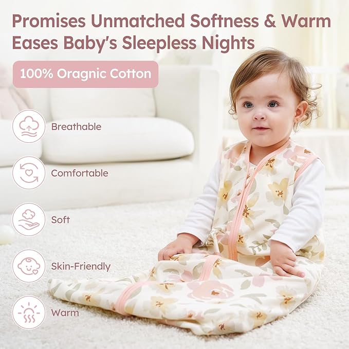 Unnivoll Baby Sleep Sack 12-18 Months 3 Pack 100% Cotton Lightweight 0.5 TOG Wearable Blanket Baby Sleep Bag with 2-Way Zipper for Newborn Infant Pink Flowers & Leaf