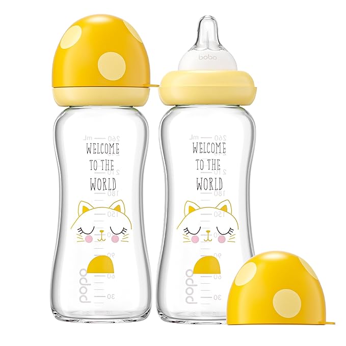 YOHKOH Natural Glass Baby Bottle with Level 2 Medium Flow Nipple, Newborn Anti-Colic Baby Bottles, Wide Neck Mushroom Baby Glass Bottle (8.8ounce (Pack of 2), Yellow1)