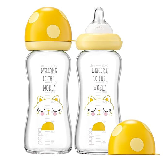 YOHKOH Natural Glass Baby Bottle with Level 2 Medium Flow Nipple, Newborn Anti-Colic Baby Bottles, Wide Neck Mushroom Baby Glass Bottle (8.8ounce (Pack of 2), Yellow1)