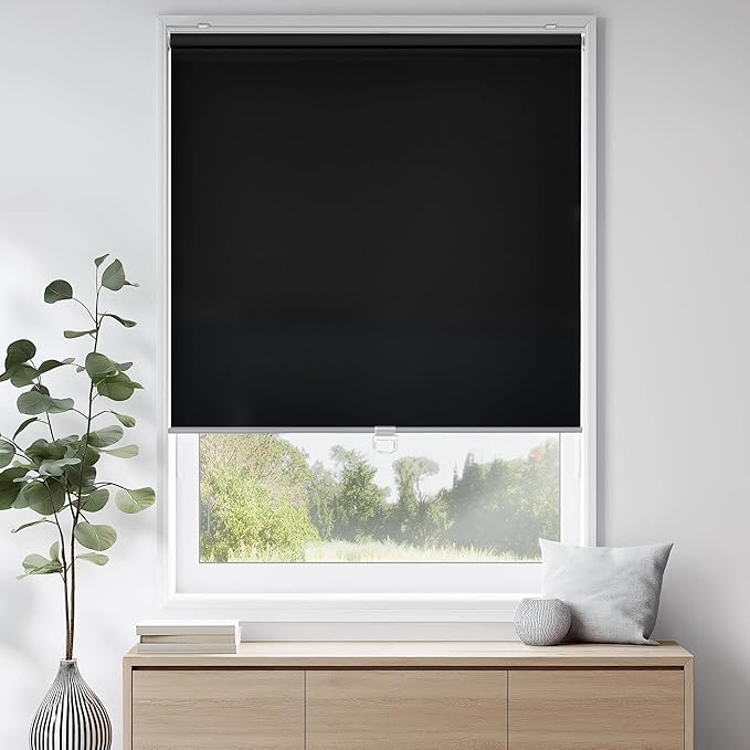 ChrisDowa Cordless Free-Stop 100% Blackout Blinds for Windows, Roller Windows Shades with Thermal Insulated, UV Protection Fabric for Living Room, Office and Home. Easy to Install.Black,43" W X 72" H