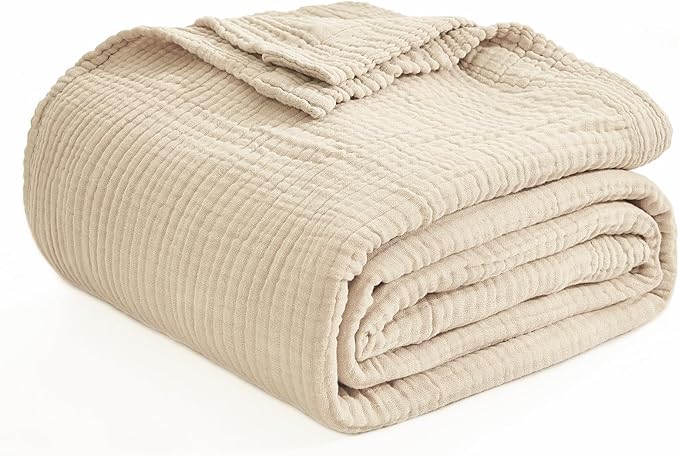 EMME Cotton Throw Blanket for Couch Soft Muslin Blankets 50"x60" Lightweight Breathable Blanket Light Tan All Season Gauze Blanket