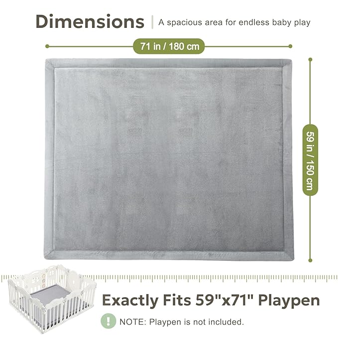 Mallify Ultra Soft 1.3" Thick Baby Play Mat for Floor, Large Velvet 71"x59" Playpen Mat, Baby-Safe & Non-Slip Tummy Time Mat, Crawling Mat for Babies, Toddlers, Infants, Kids, Easy Care, Gray