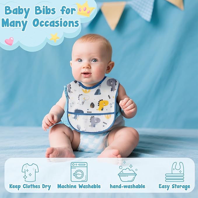 2ooya 6Pcs Baby Feeding Bibs with Crumb Catcher Pocket Waterproof Sleeveless Teething Plastic Food Bib Set Adjustable Toddler Infant Keepsake Gift for Baby Shower, 6-24 Months