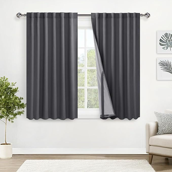XWZO 100% Blackout Curtains with Tiebacks- Rod Pocket/Back Tab Privacy Protection & Noise Blocking Window Draperies with Black Liner for Bedroom/Living Room, Dark Grey, W52 x L45, Set of 2