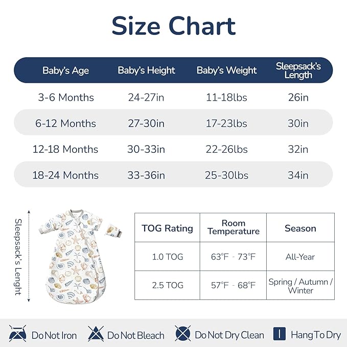 Baby Sleep Sack 3–6 Months, 2.5 TOG Warm Cotton Sleep Sack with Detachable Long Sleeves, Winter Wearable Blanket for Cold Nights, 2-Way Zipper Toddler Sleeping Sack, Ocean
