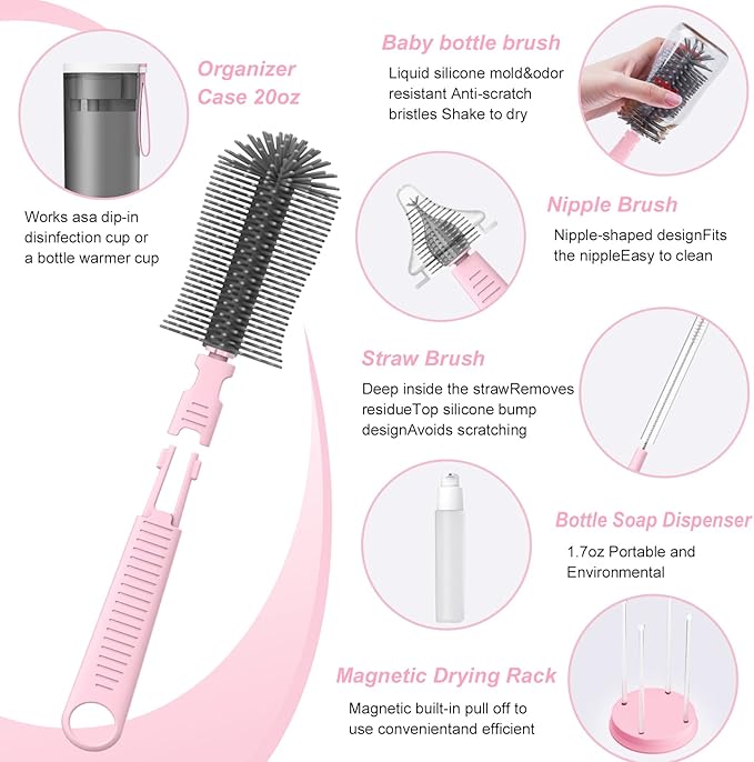 WHNL Baby Bottle Brush Set with Drying Rack, Soap Dispenser, and Case, Pink