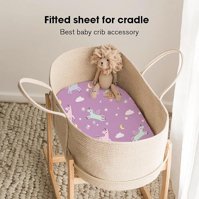 Little Grape Land Bassinet Sheets 4 Pack, 33" x 18" Fitted Bassinet Sheets Up to 4" Deep Pocket, Ultra Soft Baby Bassinet Fitted Sheets for Bassinet Mattress, Unicorn Dreams
