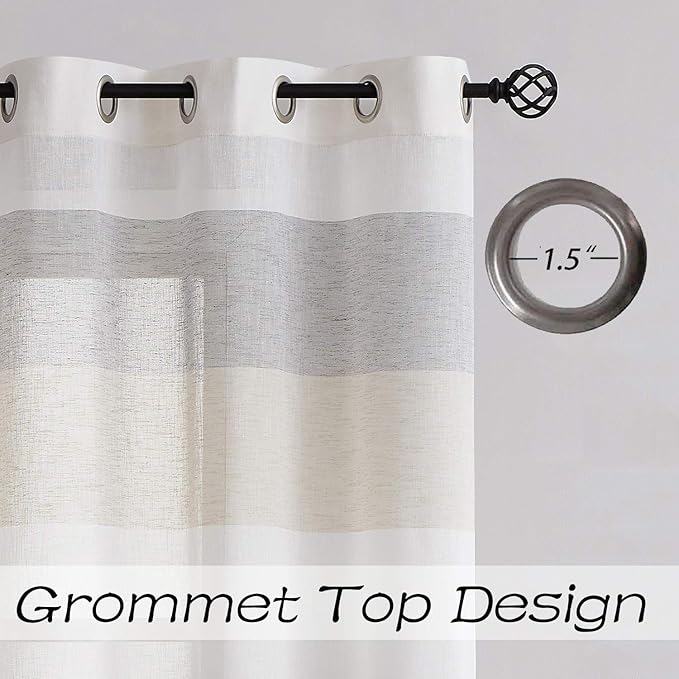 Central Park Gray Tan Stripe Sheer Color Block Window Curtain Panel Linen Texture Window Treatment for Bedroom Living Room Rustic Farmhouse Drape 90 Inch with Grommets, 40"x90", 2 Panel