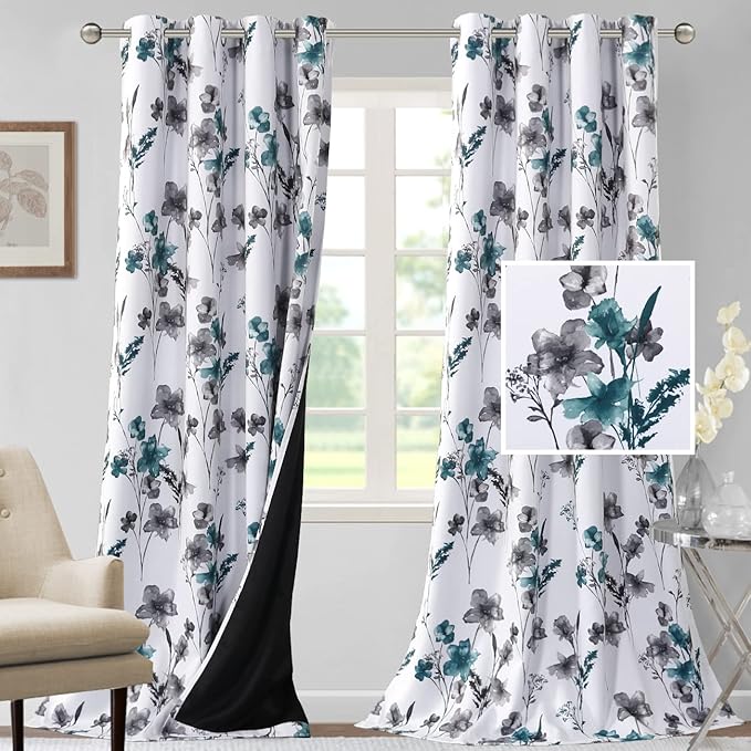 H.VERSAILTEX 100% Blackout Curtains 108 inch Length 2 Panels Set Cattleya Floral Printed Drapes Leah Floral Thermal Curtains for Bedroom with Black Liner Sound Proof Curtains, Grey and Teal