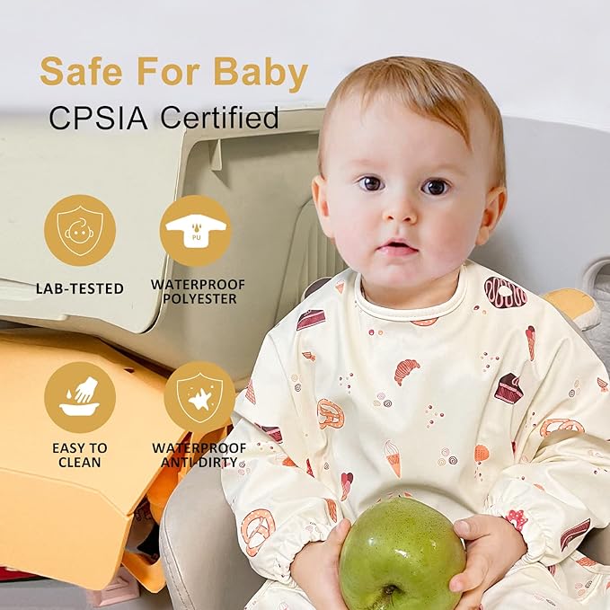 HALAA VAUVA Long Sleeve Baby Bibs for Toddlers, Waterproof, Boys Girls Smock with Food Catcher Pocket for Feeding, Eating