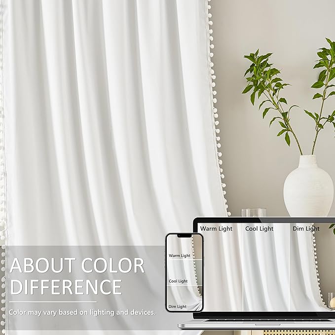 Treatmentex White Blackout Curtains for Bedroom Pom-Pom Thermal Insulated Full Blackout Window Drapes 63inch Length Curtain Panels for Kids Guest Room Hotel 52" Wx 2pcs