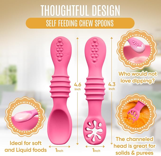 HippoBaby 4pc Silicone Baby Spoons Self Feeding Baby Utensils 6-12 Months - 3 Baby Spoon - 1 Baby Fork - Toddler Cutlery Set - BPA Free, Dishwasher Safe - Baby Eating Essentials (Pink/Blue)