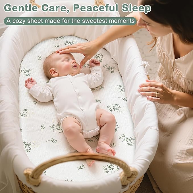 Basumee Muslin Bassinet Sheets for Baby Girl Boy 2 Pack Soft Breathable Baby Bedside Bassinet Fitted Sheets with Bottom Elastic Band 33''x17''x4'' Mattress Cover for Rectangle Oval Hourglass Bassinets