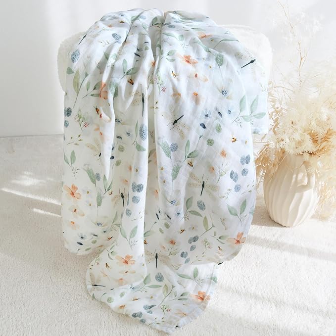 LifeTree Baby Swaddle Blankets, Muslin Swaddle Blankets Boys Girls Swaddling Wrap Receiving Blanket for Newborn, 70% Viscose Bamboo and 30% Cotton, Large 47" x 47", BlueFloral Pattern