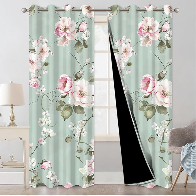 Blackout Curtains for Girls Bedroom, Pink Floral Room Darkening Curtains 84 Inch Length 2 Panels Set, Grommet Thermal Insulated Soundproof Privacy Winter Black Out Curtains for Living Room