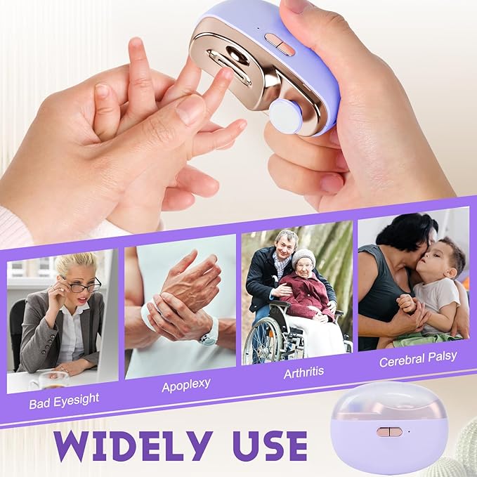 Automatic Nail Clipper Electric Nail Trimmer Polisher 3 in 1 Portable Fingernail Cutter with Light 2 Speeds File Nail Clip Storage Rechargeable Safety Trimmer for Seniors Adults Kids Baby (Purple)