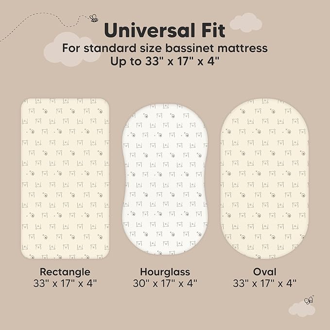 2-pk Waterproof Bassinet Sheets Girls, Boys, Cotton - 33x17 Universal Bassinet Mattress Pad Protector Cover,Compatible with Graco,Baby Delight,Chicco,Halo Bassinest Swivel Sleeper Fitted (Bumble Bear)