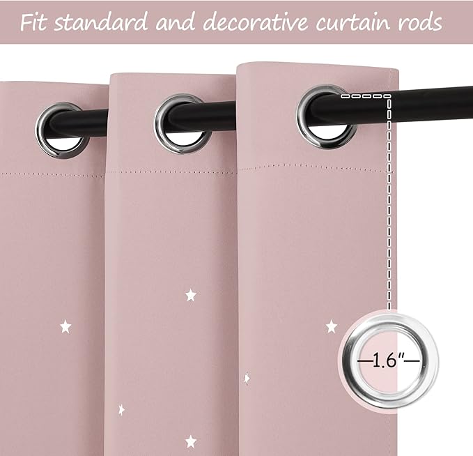 NICETOWN Kids Room Curtains with Laser Cutting Stars, 2-Panel Blackout Window Curtain Drapes for Light Blocking and Noise Reducing, W34 x L45 Inches Each Panel, Light Pink