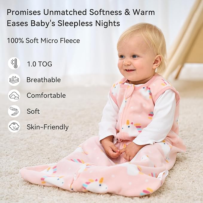 Unnivoll Fleece Baby Sleep Sack 12-18 Months 1.0 Tog Baby Wearable Blanket Microfleece Sleeping Sack with 2-Way Zipper for Toddler Infant Pink & White Unicorn