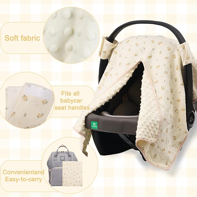 2-in-1 Baby Car Seat Cover, Baby Car Seat Canopy, Mom Nursing Cover，Easy to Install Shield，Multi-Purpose | Winter Warm & Summer Shade Use (Yellow Little Flower)