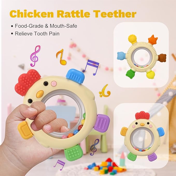 Sensory Toys for Babies, 2 Pack Baby Teething Rings Toys for 0-3 3 6-12 Months Baby Rattle Teether Silicone Teether Relief Chew Soothing,BPA Free,Sore Gums Babys Teethers Toys