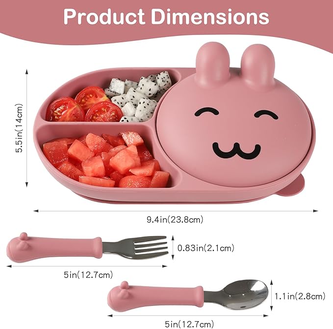 Silicone Baby Plate,Toddler plates,Self-feeding of infants after weaning, 100% Food Grade Silicone, BPA Free, Baby Dinnerware, Baby Plates With Suction, Divided Plate for Babies (pink)