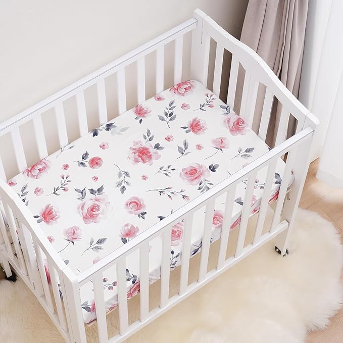 david's kids 3 Pack Mini Crib Sheets, Soft Breathable Premium Pack N Play Sheets for Baby Boys Girls Neutral, Playard and Mini Crib Mattresses, Floral Flowers