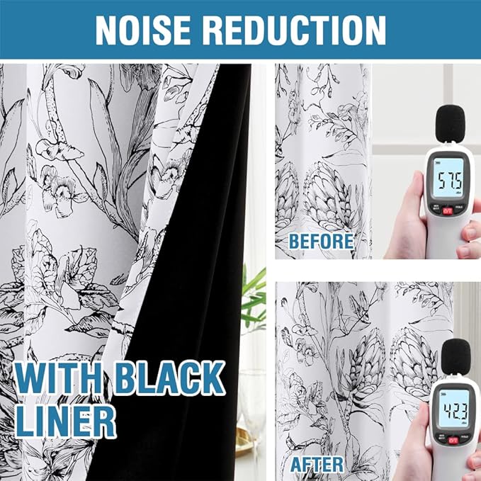 H.VERSAILTEX 100% Blackout Curtains for Living Room Camellia Floral Blackout Curtains 84 Inches Long Light Blocking Window Treatment Curtains with Black Liner Grommet Thermal Drapes, 2 Panels, Black