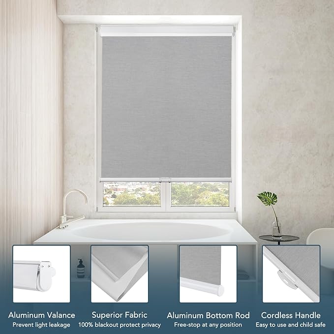 Roller Window Shades Free-Stop Cordless Blackout Blinds, Thermal Insulated Pull Down Shades for Windows, UV Protection Fabric Roller Blinds for Home Office (33.25" Wx72 H, Grey)
