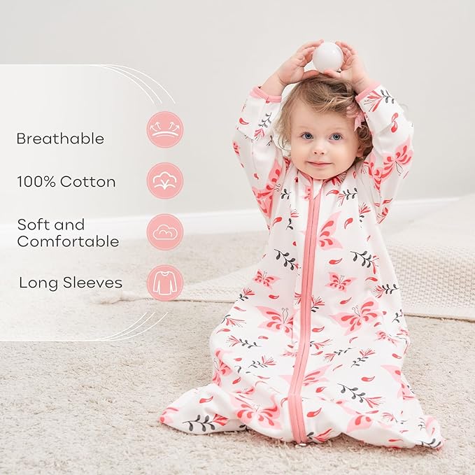 Yoofoss Baby Sleep Sack 6-12 Months Long Sleeve Wearable Blanket Baby 100% Cotton 2-Way Zipper 0.5 Tog Infants Sleeping Sack, Lightweight(Medium)