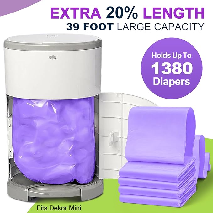 Refills Compatible with DEKOR MINI Diaper Pail Refills Bags | 4 Pack | Extra 20% Length Holds up to 1380 | Extra Thickness Powerful Odor Eliminate | Lavender Scent | Diaper Pail Refill Most Economical