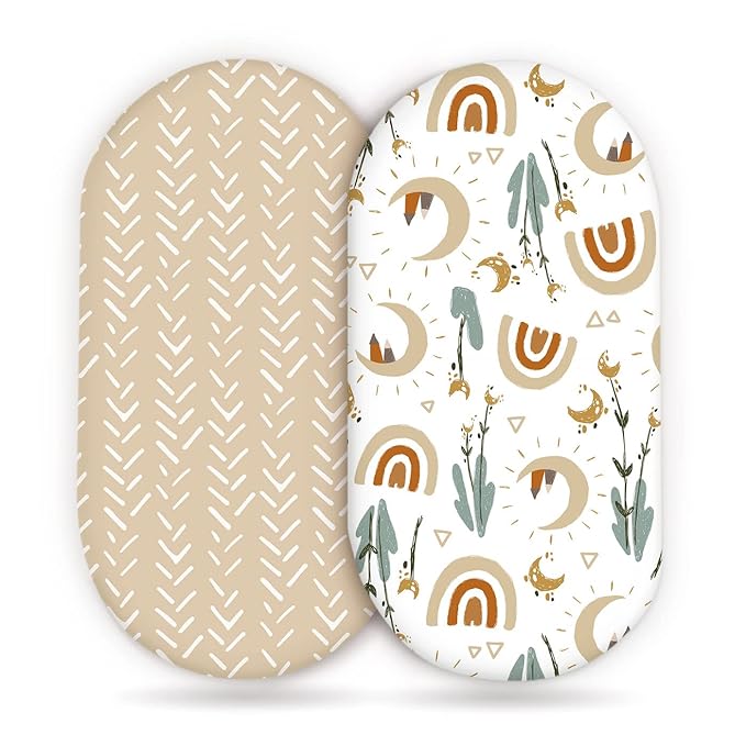 GRSSDER Stretchy Ultra Soft Fitted Bassinet Sheets Set 2 Pack, Cradle Sheet Universal Fit for Rectangle, Oval, or Hourglass Bassinet Pad/Mattress Safe and Snug, Stylish Cute Rainbow Print for Baby