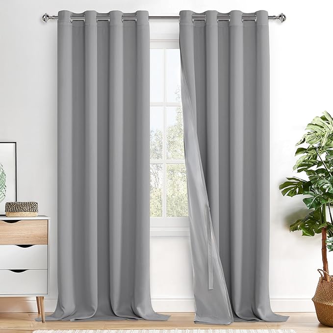XWZO 100% Blackout Curtain Panels - Extra Long Thermal Insulated Black Liner Curtains, Noise Reducing and Heat Blocking Drapes for Bedroom with Tiebacks, Light Grey, W52 x L108, Set of 2