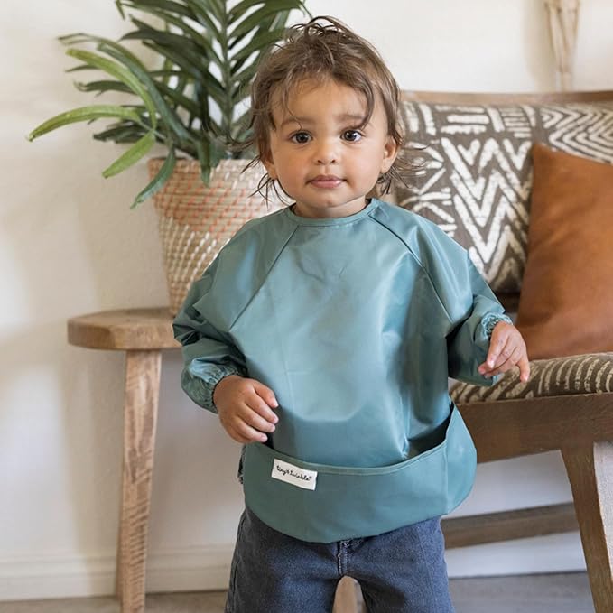 Tiny Twinkle Long Sleeve Bib for Babies & Toddlers | 2-Pack Waterproof Smock Bib for Eating | Machine Washable & Mess-Proof Feeding Essentials | Newborn Shower Gift (Slate Olive,6–24M)