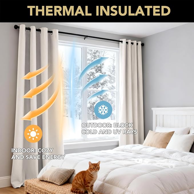 PrinceDeco 100% Blackout Curtains for Bedroom 108 Inches Long, Grommet Living Room Drapes, Thermal Insulated Blackout Curtains 2 Panels Set,Jacquard-Woven,55" W x108 L,Bleached Sand