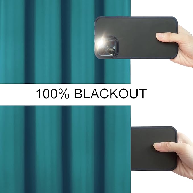 LEMOMO 100% Blackout Curtains 52 x 72 Inch/Sea Teal Curtains 2 Panels with Black Lining Room Darkening Thermal Insulated Bedroom Curtains