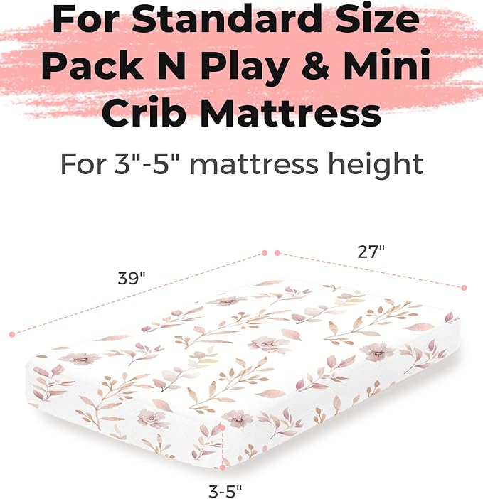 Pack and Play Sheets 2 Pack, Fitted Jersey Knit Mini Crib Sheets for Baby Boys and Girls, Compatible with Graco Pack N Play and Mini Crib Mattress (Floral Fawn, Pack N Play/Mini Crib Sheets)