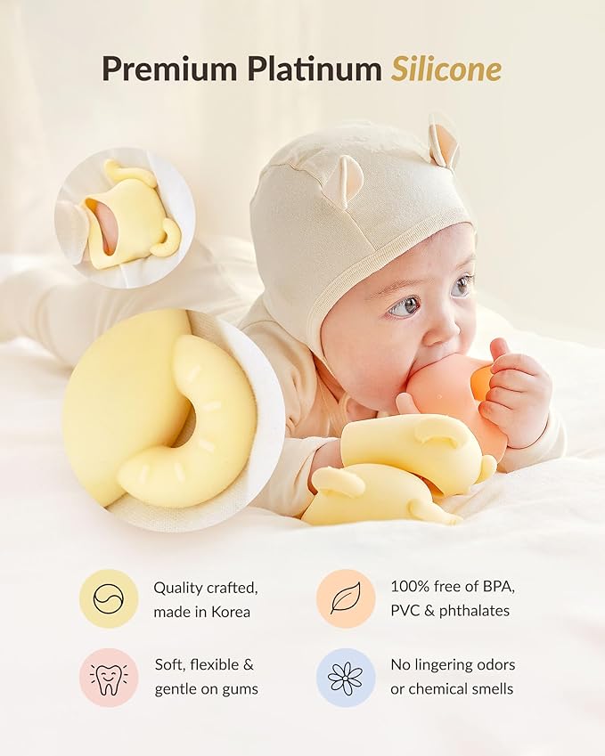 Moyuum Silicone Elephant Grip Hand Teether Toy | Made in Korea, Provides Teething Relief, Wearable Teether is Easy to Hold, Drop Resistant with Adjustable Wrist Strap, Babies 3+ Months, Yellow