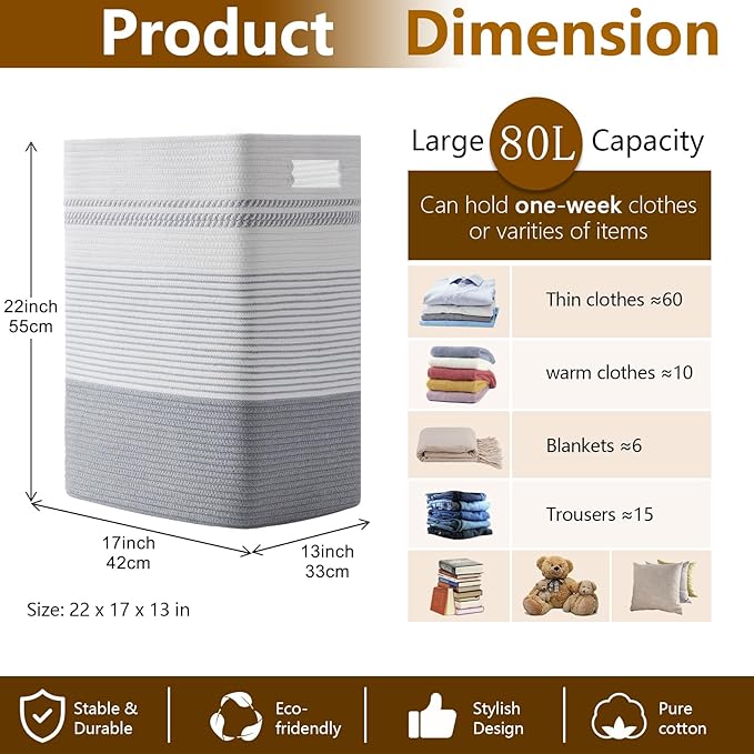 Laundry Basket, Large Woven Rope Tall Laundry Basket with Handles, Decorative Storage Basket for Clothes and Blankets in Living room, Bedroom
