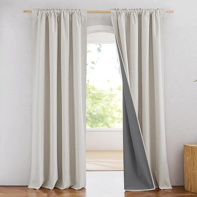 NICETOWN 100% Blackout Snowbound Linen Curtains 90 inches Length with Thermal Insulated Liners for Bedroom, 2 Panels, 52" W, Farmhouse Style Room Cooling Window Draperies for Dining Room