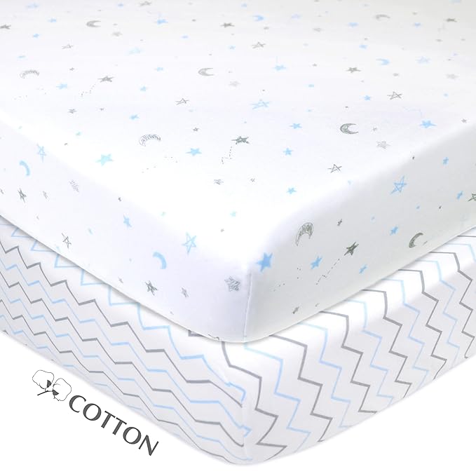 American Baby Company 2 Pack 100% Natural Cotton Fitted Crib Sheets 52" x 28" - Soft, Breathable, Hypoallergenic & Gentle Toddler Bed Sheets, Blue Stars/Zigzag, Neutral for Boys & Girls