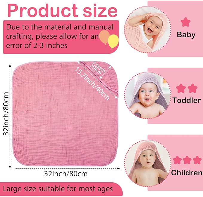 Peryiter 4 Pcs Muslin Hooded Baby Towels 32x32inch Cotton Newborn Bath Essentials Muslin Infant Blankets Absorbent Registry Baby Shower Present for Babies Girl Boy Kids (Pink Series)