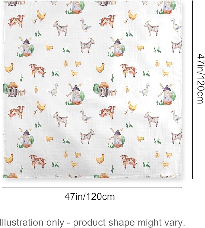 70% Rayon Made from Bamboo 30% Cotton Muslin Swaddle Blanket, 47 x 47 Inches, Farm Theme Baby Receiving Blanket, Soft and Breathable, Unisex, 4 Pack
