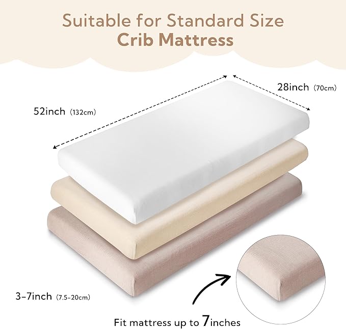 SOULFUL Muslin Crib Sheets for Boys Girls, 3 Pack Soft and Breathable Cotton Fitted Crib Sheets for Standard Crib Mattress (28"x 52", White & Beige & Mist Pink)