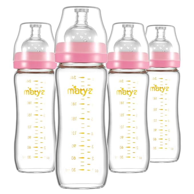 Matyz Glass Breastmilk Baby Feeding Bottle with Nipple, 4 Pack, 8 oz Slim and Light Bottle Easy to Hold, Food Grade Borosilicate Glass, Wide Neck Easy to Clean, No BPA (Pink Lids)